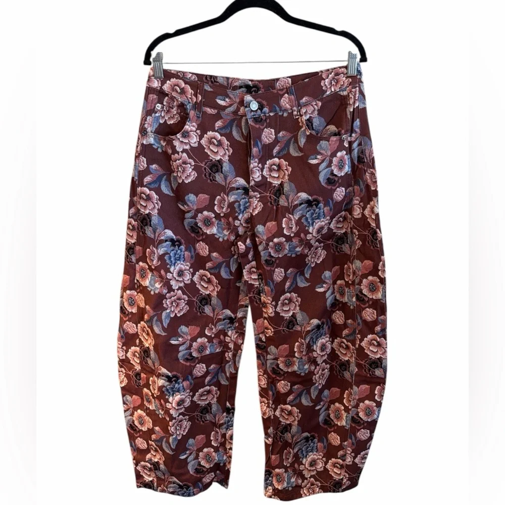 Olivaceous Barrel Pants Size Large Rust Burgundy Floral Pattern Button Closure - Picture 4 of 13